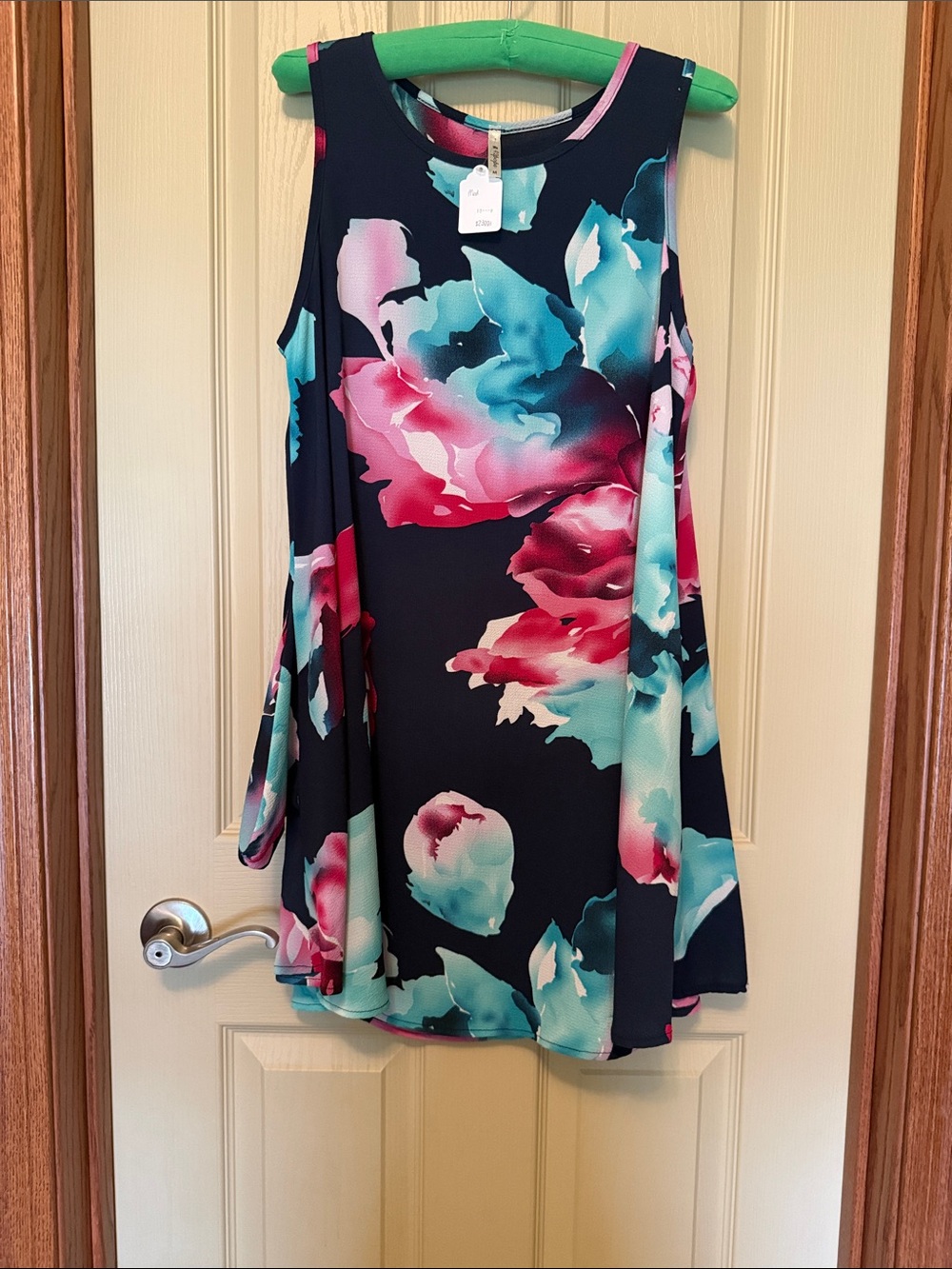 Navy Floral Swing Tank Dress with Pink & Teal Blooms